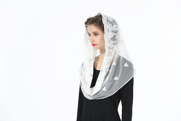 Catholic Chapel Veil Easter Mantilla Latin Mass Halloween Church Cathedral Head Covering Infinity Lace Scarf Off White Black-V103