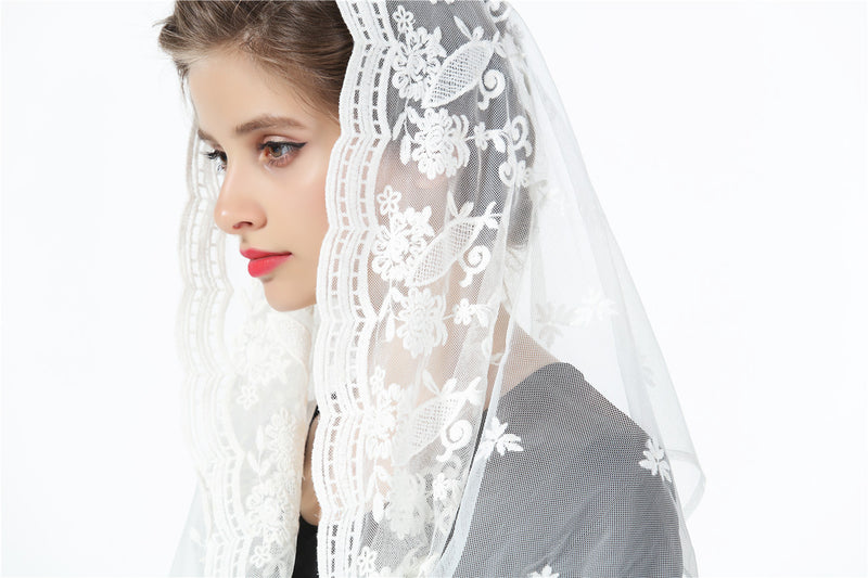 Catholic Chapel Veil Easter Mantilla Latin Mass Halloween Church Cathedral Head Covering Infinity Lace Scarf Off White Black-V103