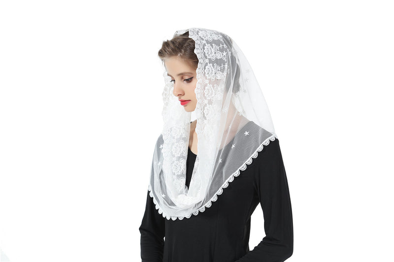 Catholic Mantilla Veil Cathedrals Church Chapel Lace Veil Easter Latin Mass Vintage Scarf Head Covering Off White Black-V104