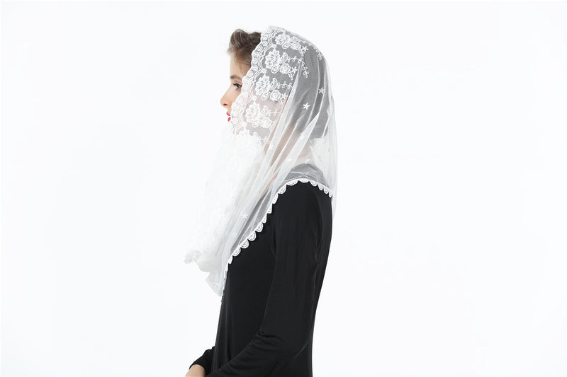 Catholic Mantilla Veil Cathedrals Church Chapel Lace Veil Easter Latin Mass Vintage Scarf Head Covering Off White Black-V104
