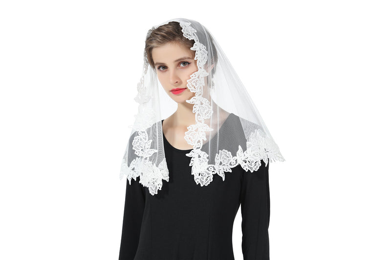 Latin Mass Lace Veil Catholic Chapel Mantilla Church Cathedral Communion Head Covering With Scalloped Floral Edge Easter Off White-V107