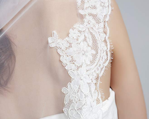 Wedding Bridal Veil with Comb 1 Tier Eyelash Lace Trim Applique Edge Fingertip Length 37" White Ivory-V66