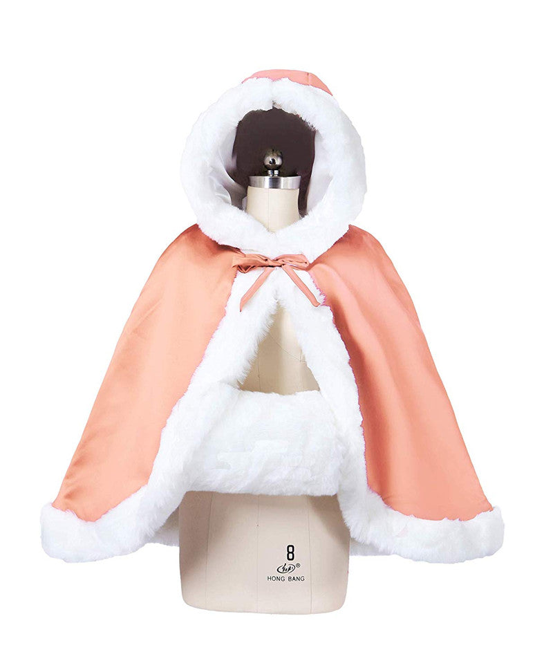 Hochzeitsumhang mit Kapuze für die Braut, Winter, wendbar, mit Pelzbesatz, kostenloser Handmuff, hüftlang, 18 Farben von BEAUTELICATE 