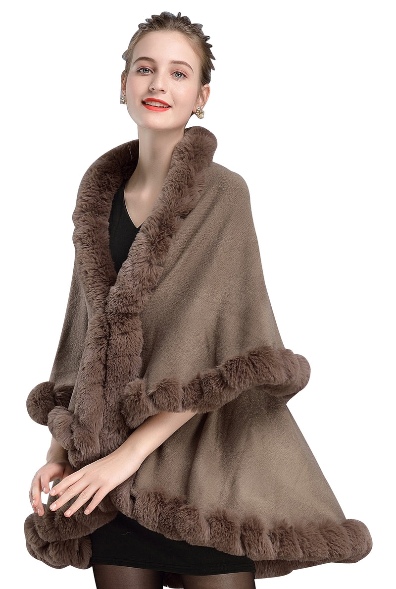 Faux-Fur-Shawl-Women-Fine-Knit-Open-Front-Faux-Fur-Trim-Layers-Poncho-Cape-Cardigan-Sweater