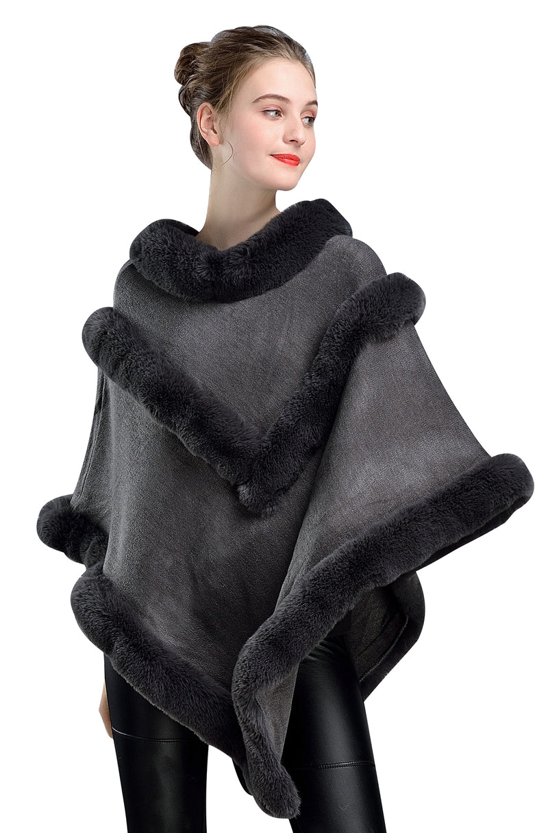 Faux-Fur-Women-Fine-Knit-Irregular-Trim-Layers-Poncho-Cape-Sweater-Gray-Stone-Gray-Khaki-Black