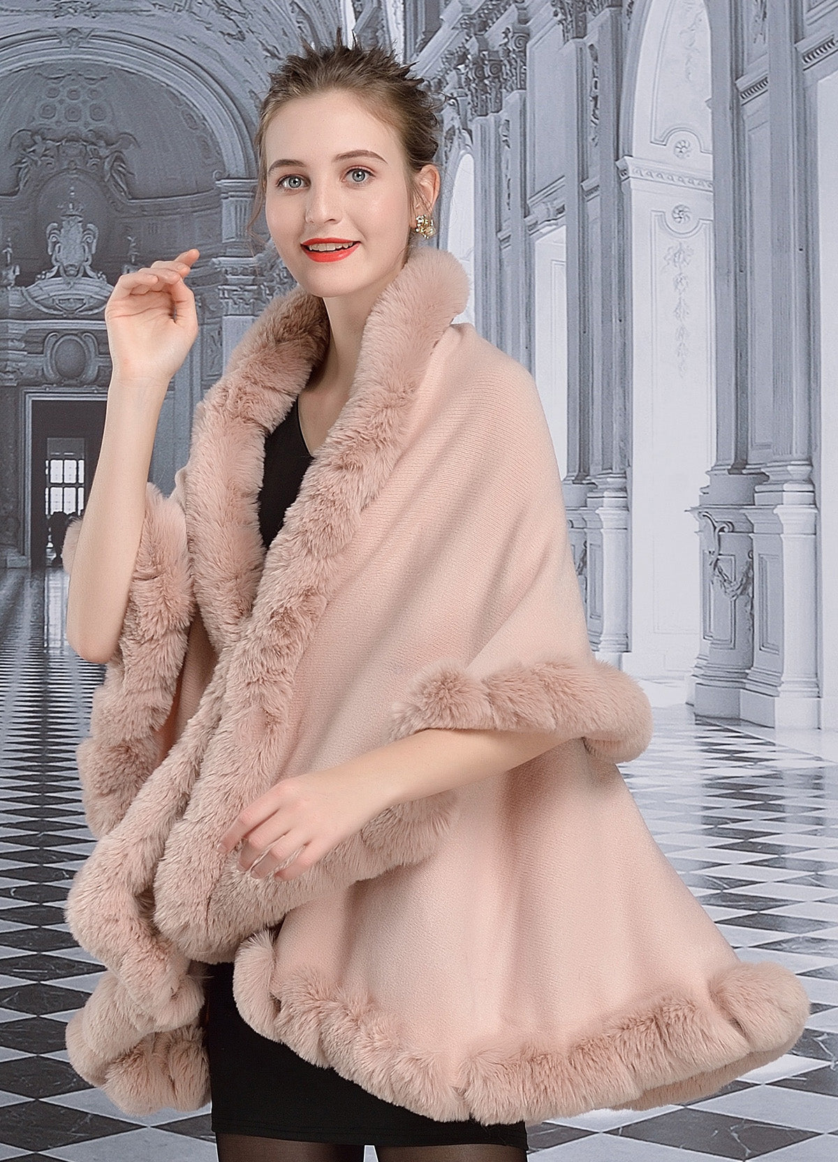 Winter Poncho Shawl Wrap Women Cape Faux Fur Trim Coat Sleeveless Cardigan Dressy Cloak One Size Black