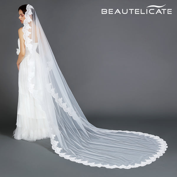 Wedding Bridal Veil with Comb 1 Tier Lace Applique Edge Cathedral Length 118"-V75