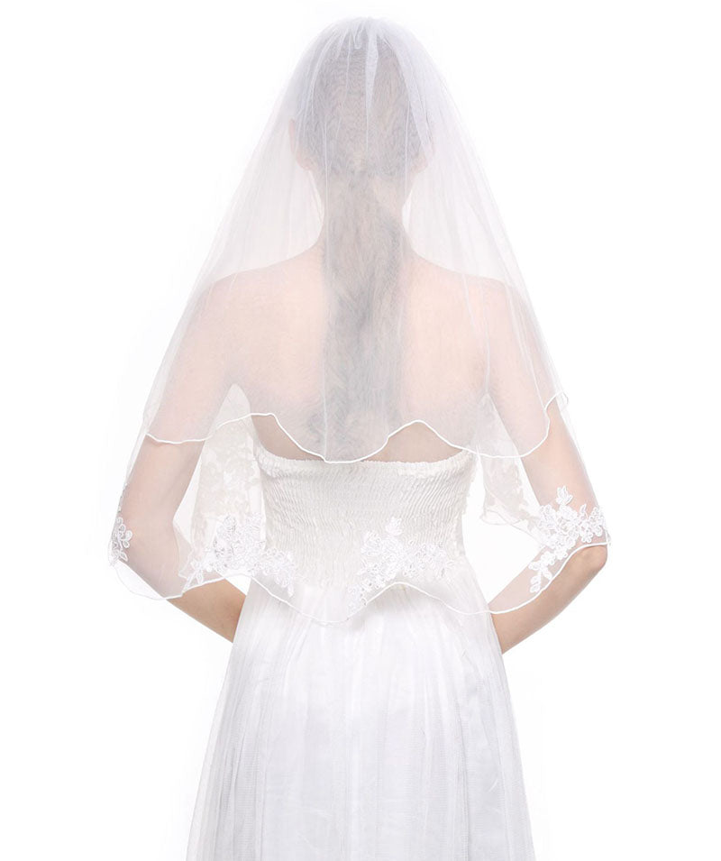 Wedding Bridal Veil with Comb 2 Tier Pencil Scalloped Edge Fingertip Length 34"-V39