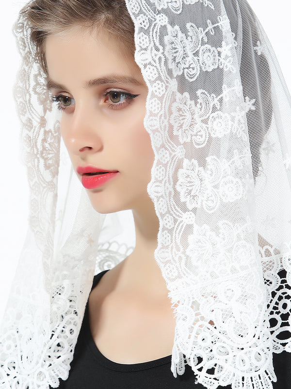 Princess Lace Veil Church Cathedral Catholic Chapel Mantilla Communion Easter Latin Mass Head Covering Off White-V105