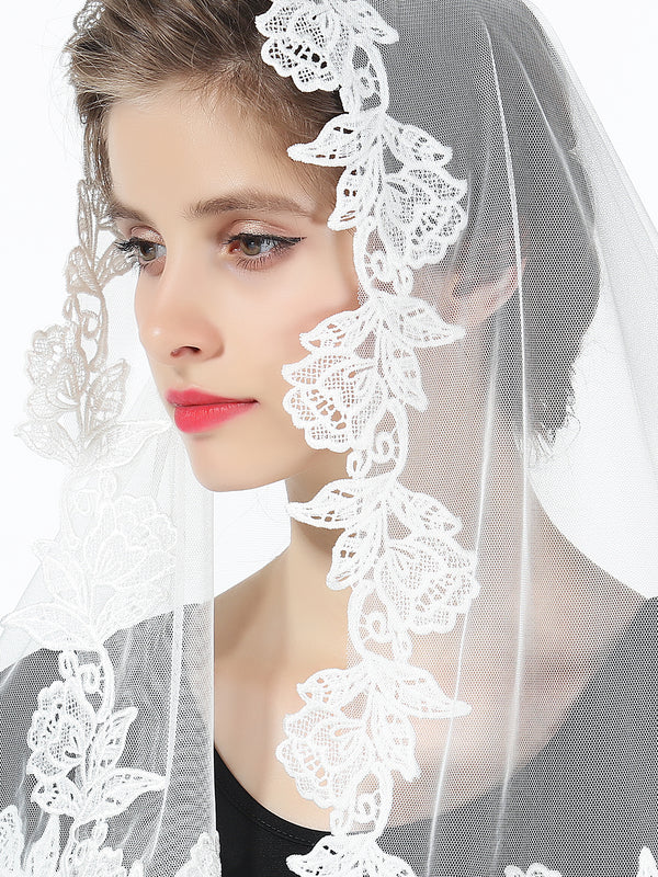 Latin Mass Lace Veil Catholic Chapel Mantilla Church Cathedral Communion Head Covering With Scalloped Floral Edge Easter Off White-V107