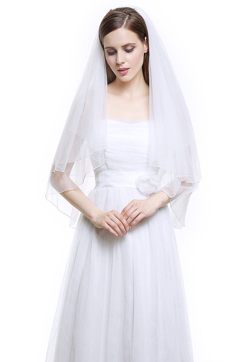 Wedding Bridal Veil with Comb 2 Tier Cut Edge Elbow Fingertip Length Ivory White-V38