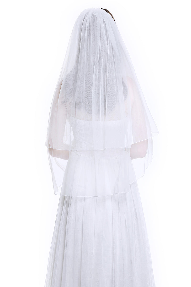 Wedding Bridal Veil with Comb 2 Tier Cut Edge Elbow Fingertip Length Ivory White-V38