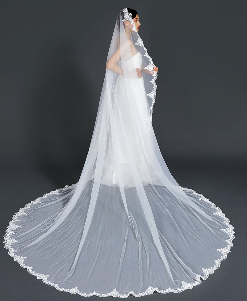 Wedding Bridal Veil with Comb 1 Tier Lace Applique Edge Cathedral Length 118"-V74