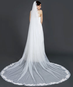 Wedding Bridal Veil with Comb 1 Tier Lace Applique Edge Cathedral Length 118"-V76