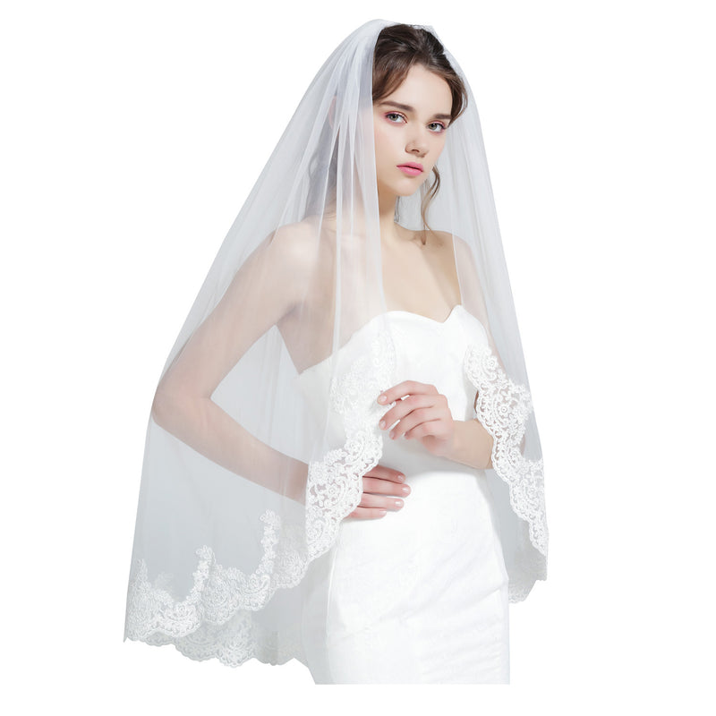 Wedding Bridal Veil with Comb 1 Tier Lace Applique Edge Ivory Fingertip Length-V68
