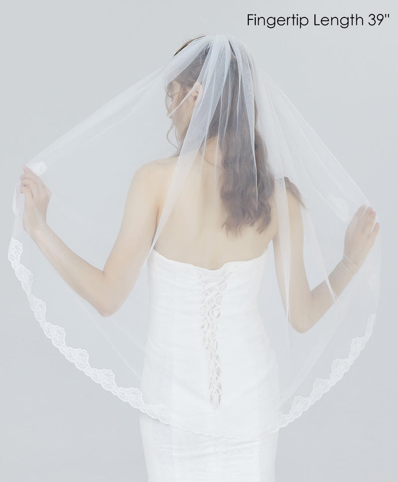 Lunss Fingertip Length Wedding Embroidered Lace Veil
