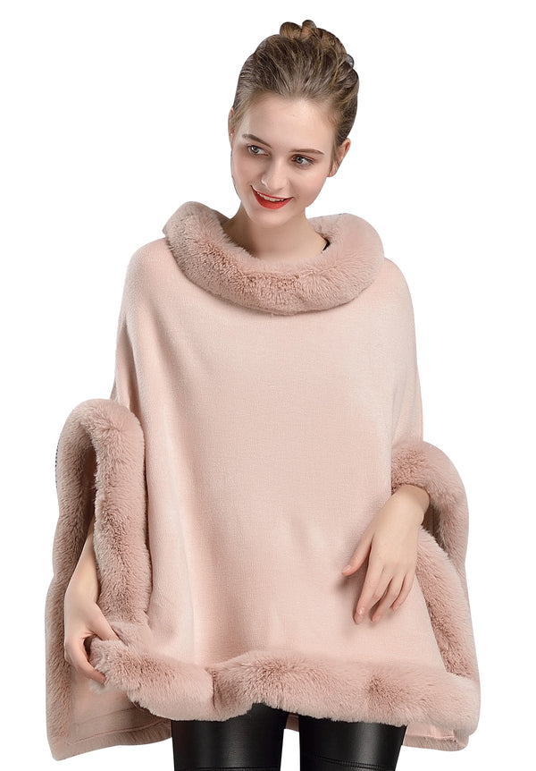 Women's-Faux-Fur-Shawl-Cloak-Jacket-Fall-Winter-Everyday-Coat-Pink-Black
