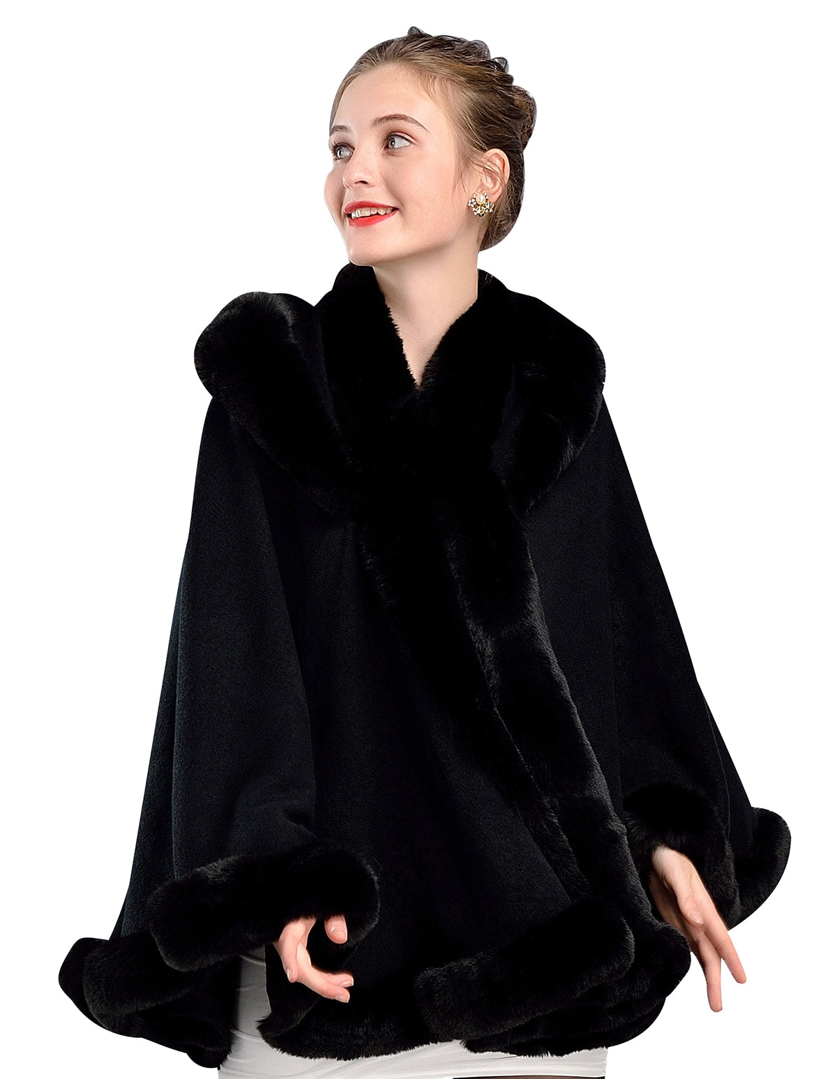thumbnail image 2 of Women's Faux Fur Shawl Wrap - Wedding Party Cape Poncho With Fur Trim 2 of 10