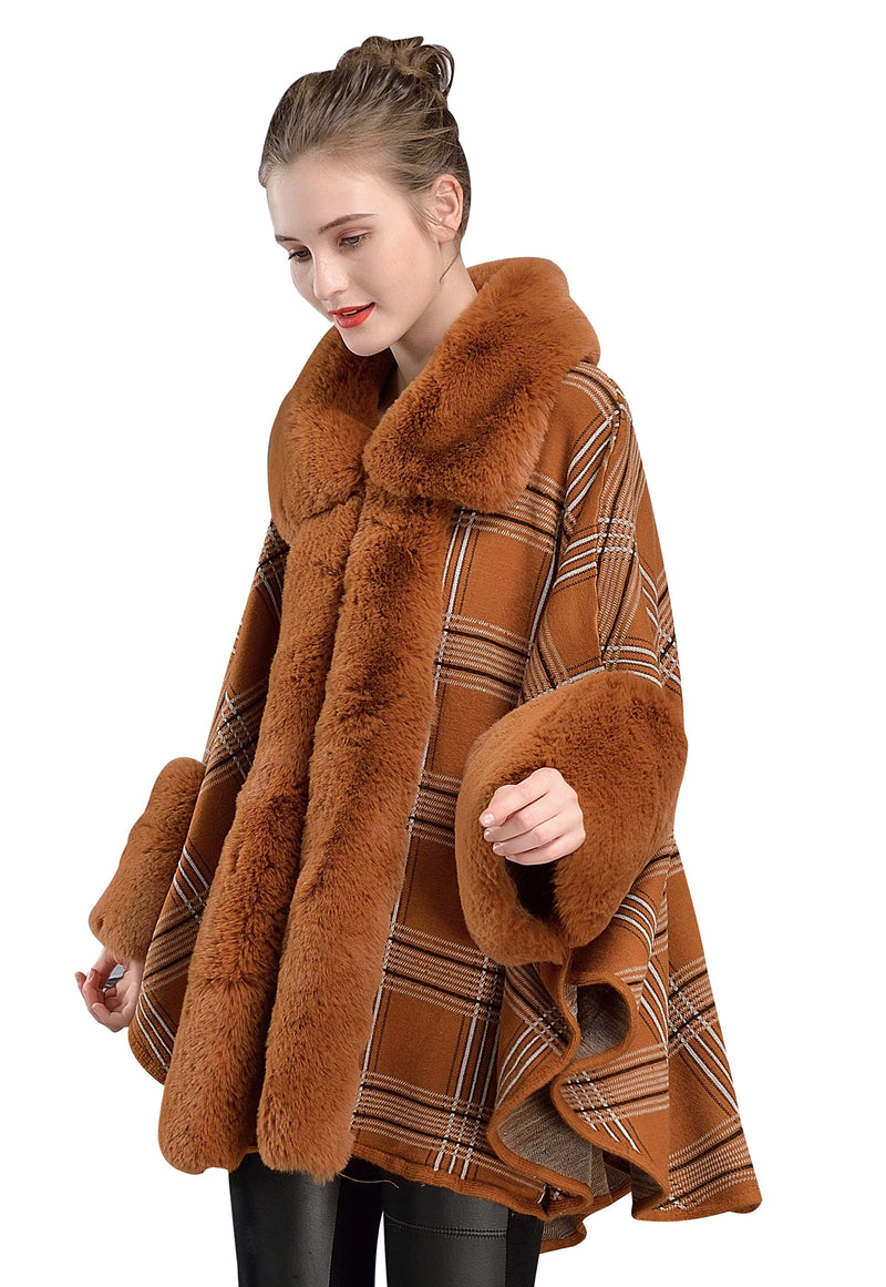 Women's Winter Faux Fur Shawl Plaid With Sleeves Fine Coat Open Front Solid Color Wedding Bride Cardigan-S107