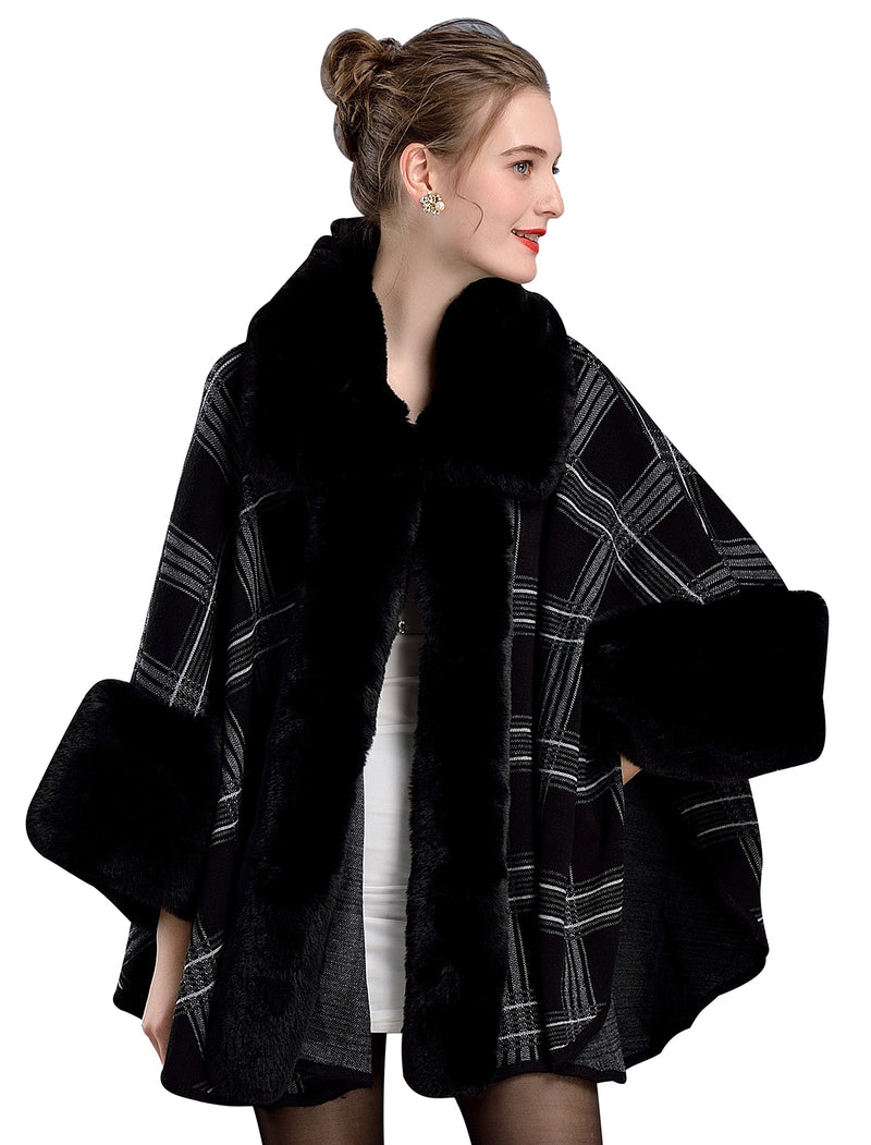 Women's Winter Faux Fur Shawl Plaid With Sleeves Fine Coat Open Front Solid Color Wedding Bride Cardigan-S107
