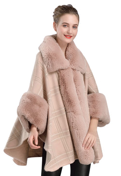 Women's Winter Faux Fur Shawl Plaid With Sleeves Fine Coat Open Front Solid Color Wedding Bride Cardigan-S107