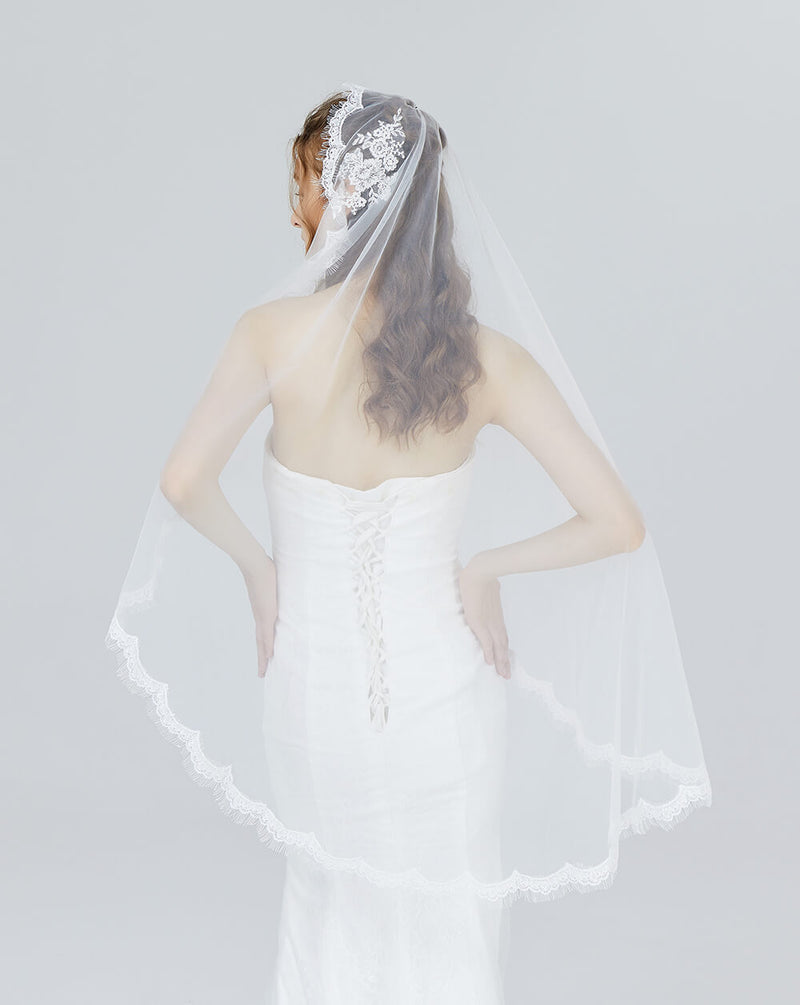 One Blushing Bride Fingertip Length Mantilla Wedding Veil with Beaded Lace Trim Off White / Diamond / Fingertip 38-40 inch / No Beading